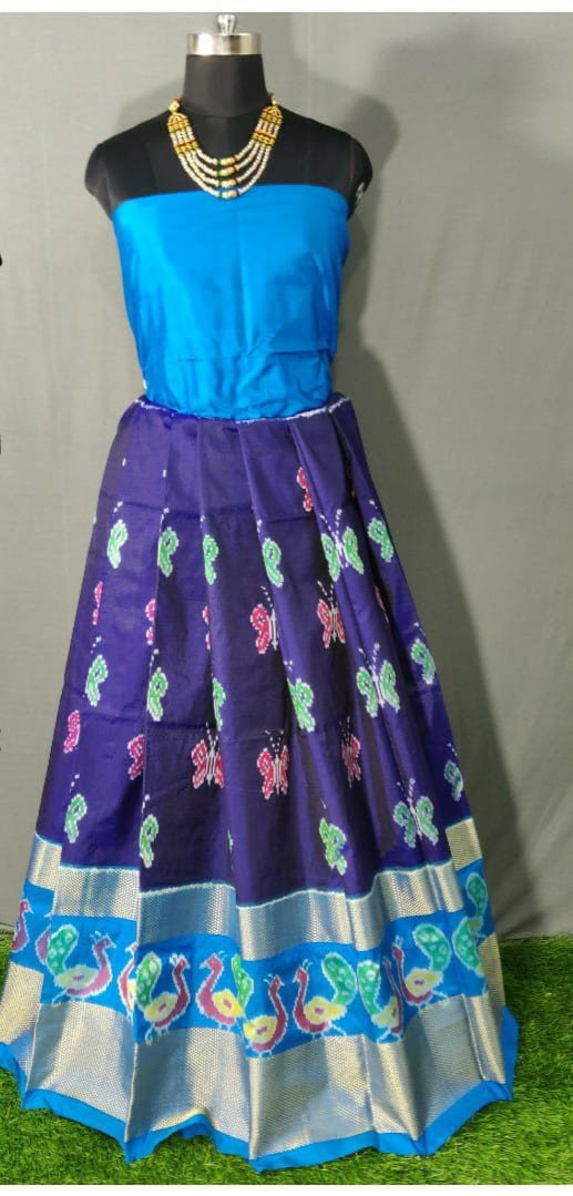 Light Blue and Dark Blue Ikkat Pure Silk Lehenga