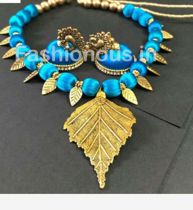 Light Blue with Golden Leaf Pendant Silk Thread Jewellery Set-STJSW-105