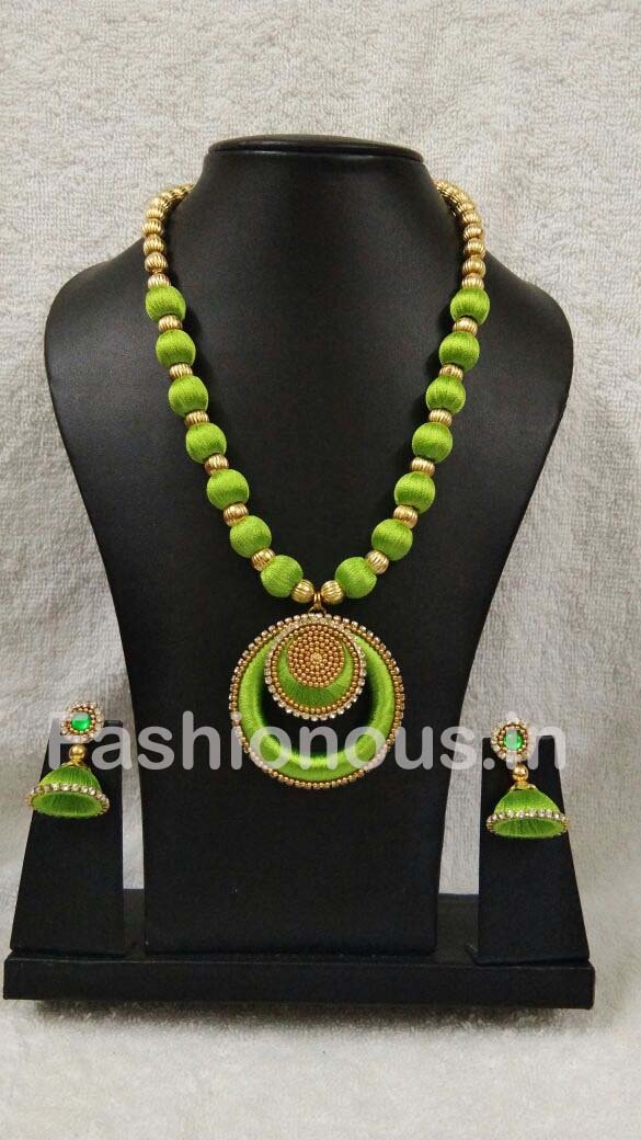 Light Green Chandbali Pendant Silk Thread Jewellery Set-STJSW-087