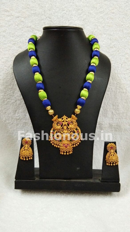 Light Green and Blue Balls with Lakhsmi Pendant Silk Thread Jewellery Set-STJS-030