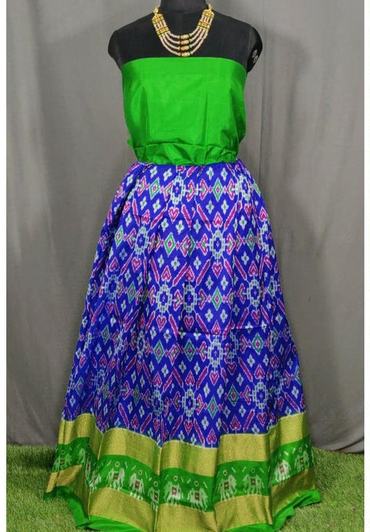 Light Green and Dark Blue Ikkat Pure Silk Lehenga