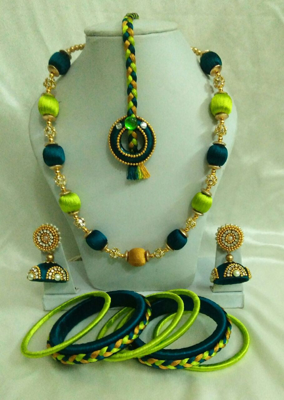 Light Green and Dark Green Silk Thread Jewellery Set