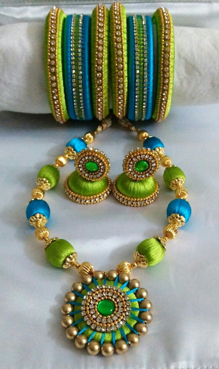 Light Green and Light Blue Silk Thread Jewellery Set- STJS201