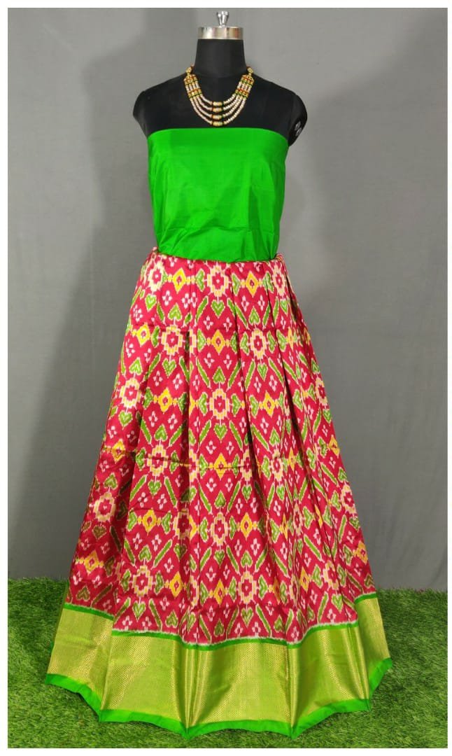Light Green and Red Ikkat Pure Silk Lehenga