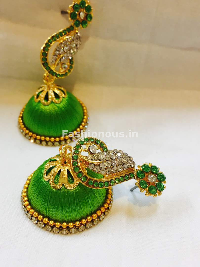 Light Green and White Stone Studded Peacock Neck Floral Silk Thread Jhumkas-STJH-048