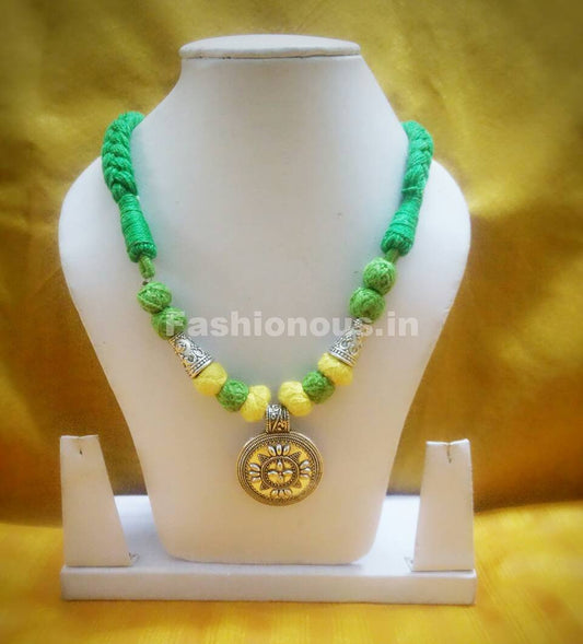 Light Green and Yellow thread balls with Silver antique Pendant German Silver Jewellery Set