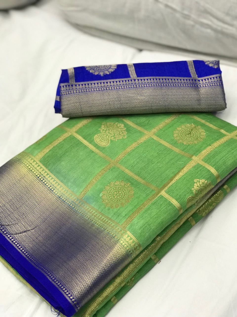 Light Green with Blue Border Banarasi Silk Saree-SRE-1099