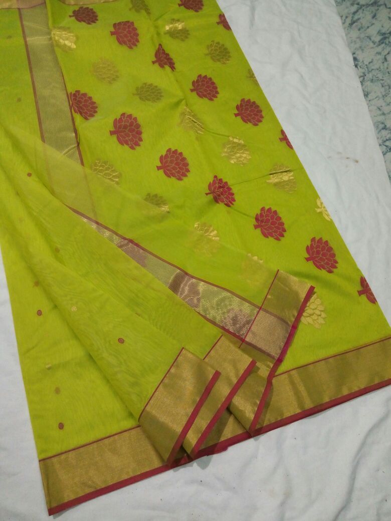 Light Green with Golden and Red Floral Chanderi Silk Saree-CHANSRE-036