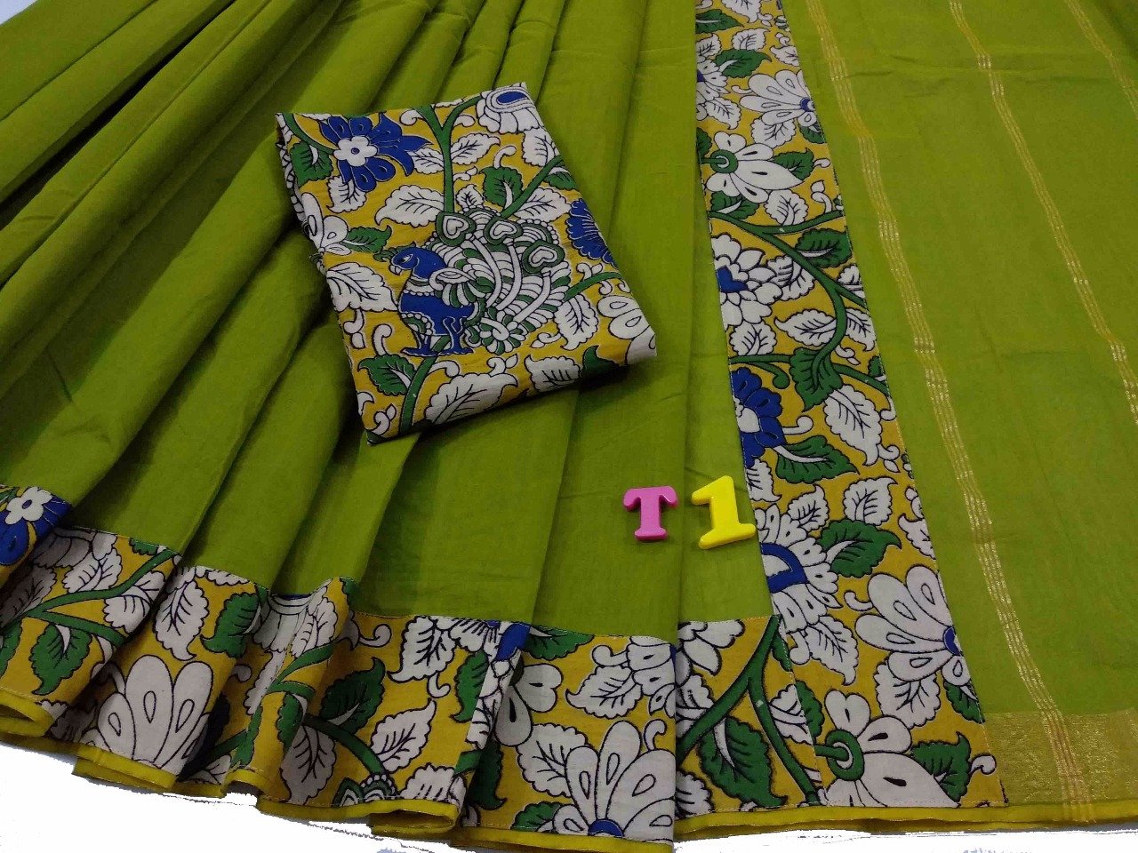 Light Green with Kalamkari Blouse Mercerized Silk Cotton Saree-SRE-768