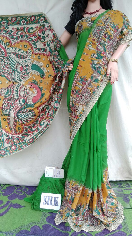Light Green with Patil Pallu Silk Kalamkari Saree-KALAMKARI-0069