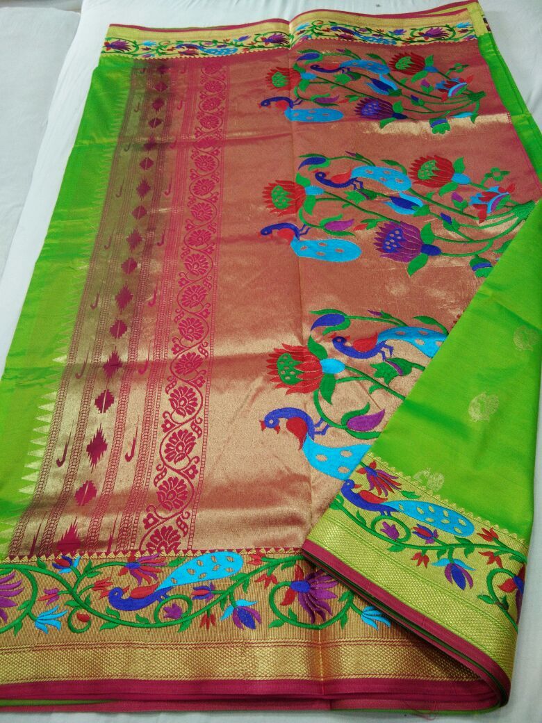Light Green with Pink Border Peacock Designed Pallu Paithani Saree-PAITHANI-074