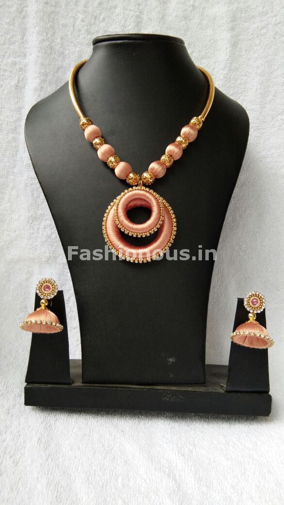 Light Orange Chandbali Pendant Silk Thread Jewellery Set-STJS-009