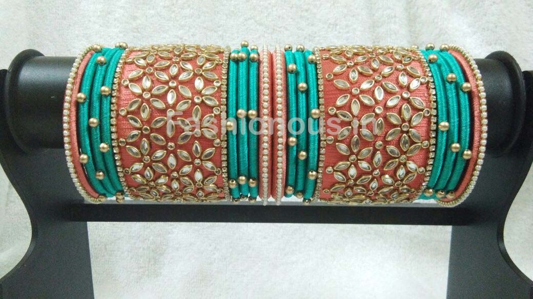 Light Orange and Sky Blue Floral Stone Worked Silk Thread Bangle Set-STJSW-016