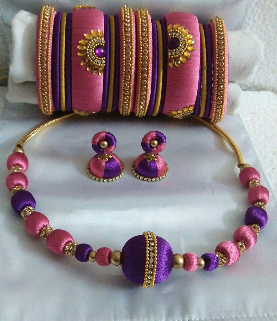 Light Pink and Dark Purple Silk Thread Jewellery Set
