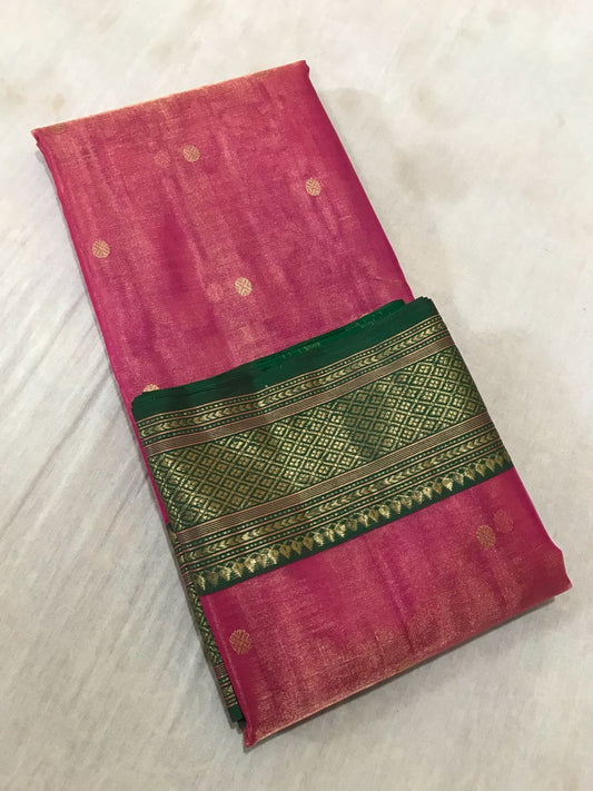 Light Pink with Green Zari Border Chanderi Silk Saree-CHANSRE-039