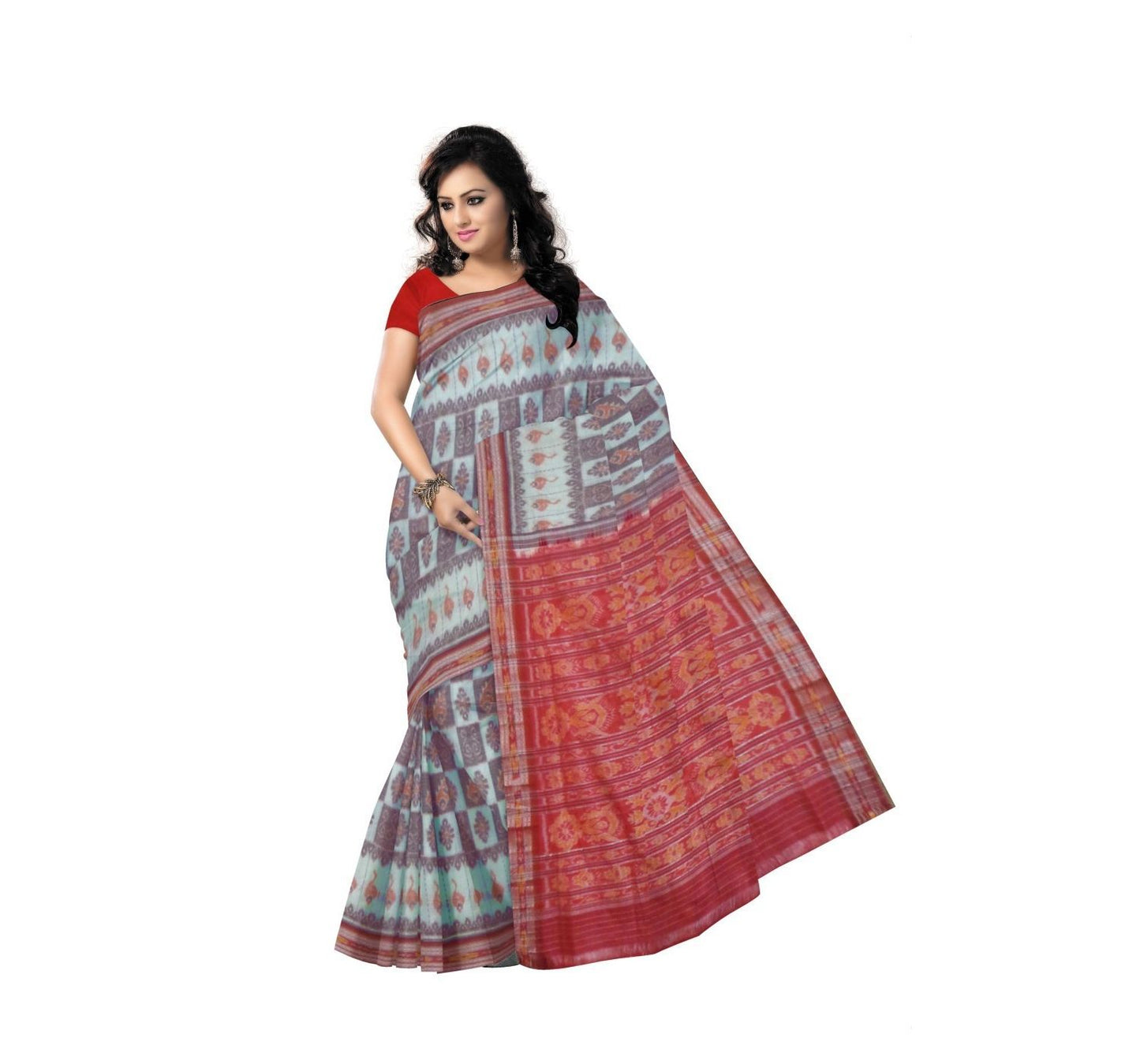 Light Turquoise With Red Pallu Handwoven Cotton Saree-OSS9066