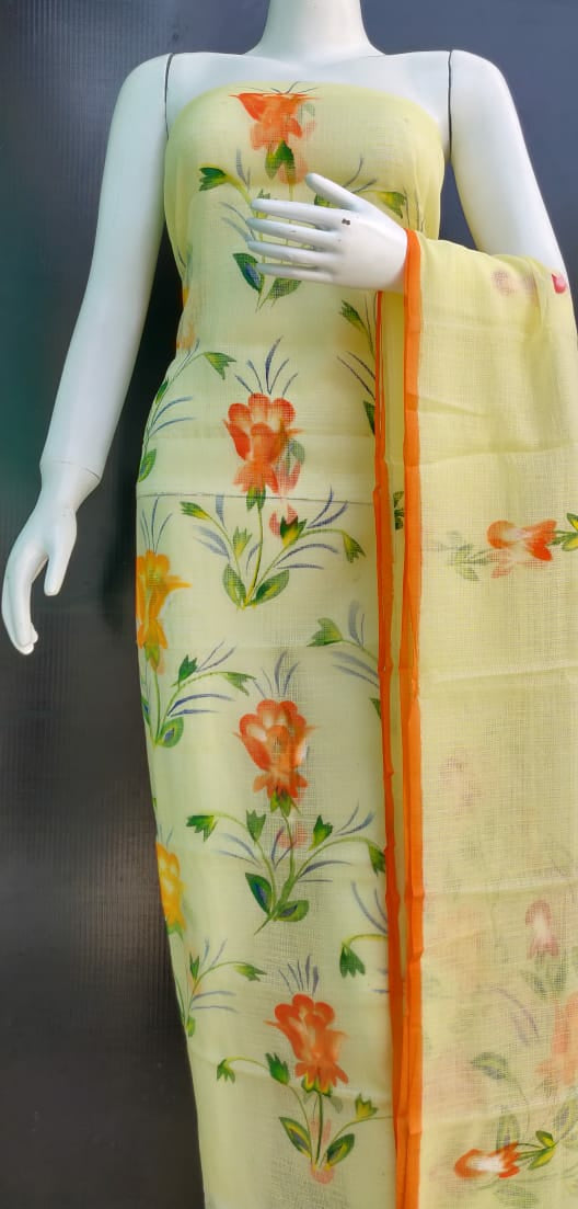 Light Yellow Brush Printed Kota Dress Material
