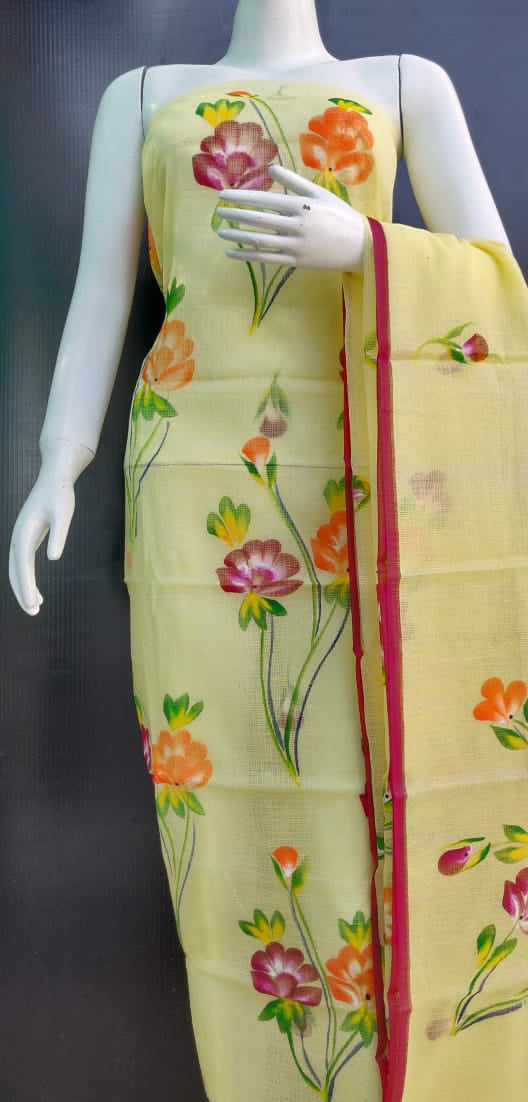 Light Yellow Floral  Brush Printed Kota Dress Material