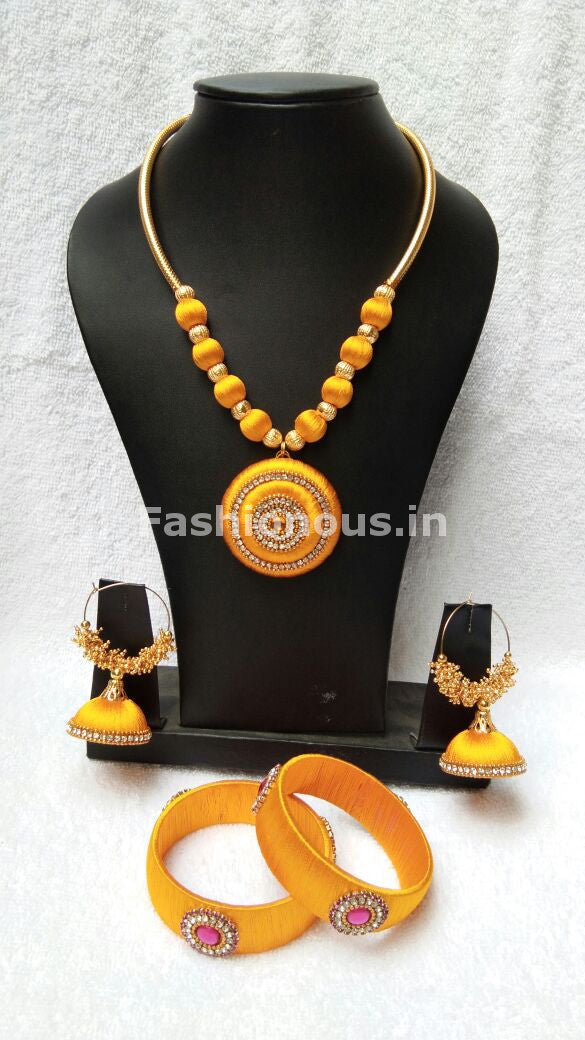 Light Yellow Round Pendant Silk Thread Jewellery Set-STJS-013