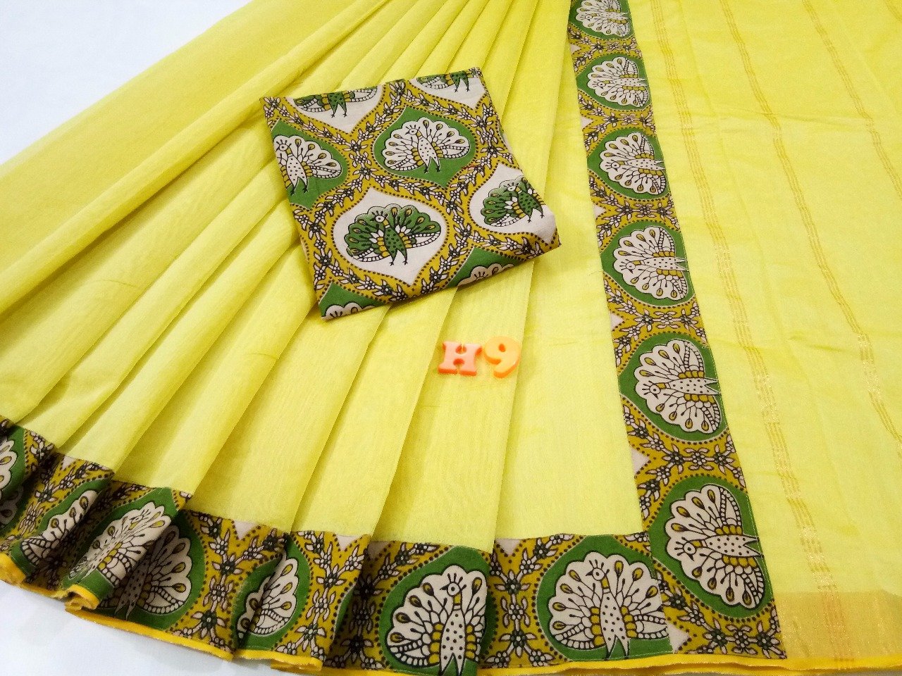 Light Yellow with Kalamkari Blouse Mercerized Silk Cotton Saree-SRE-765