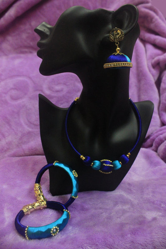 Light blue and Dark blue Silk Thread Jewellery Set