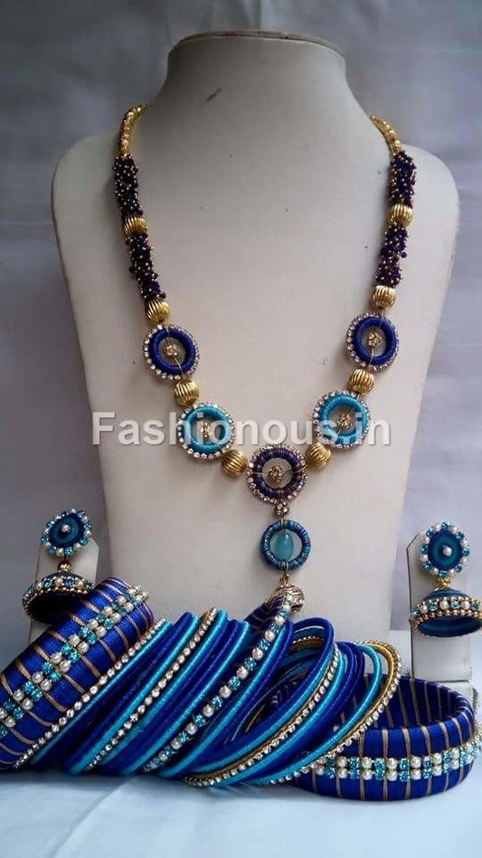 Light Blue and Dark Blue Silk Thread Jewellery Set