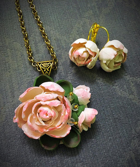Peach Sunflower Floral Polymer Clay Pendant And Earrings