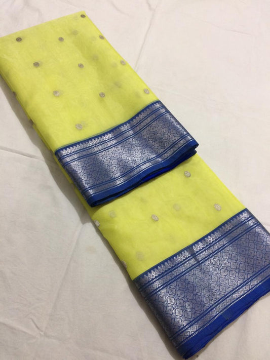Lime Yellow with Blue Border Pure Katan Silk Saree