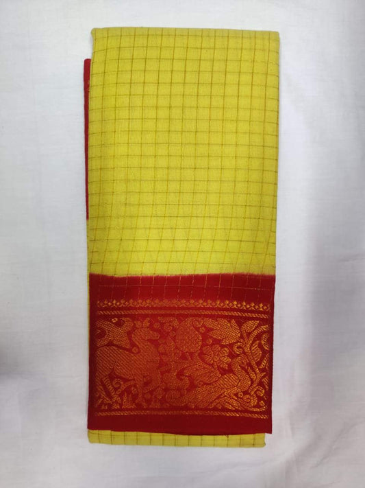 Lime Yellow with Red-Madurai Sungudi Sarees - Double side Jari Border