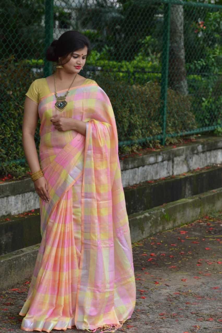 Yellow Blush Linen Saree-LNSRE061 Light pink coloured attractive saree
