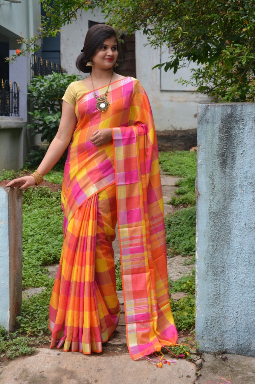 Linen Saree with Bright Sunny Checks -LNSRE062 Orange and pink partywear saree