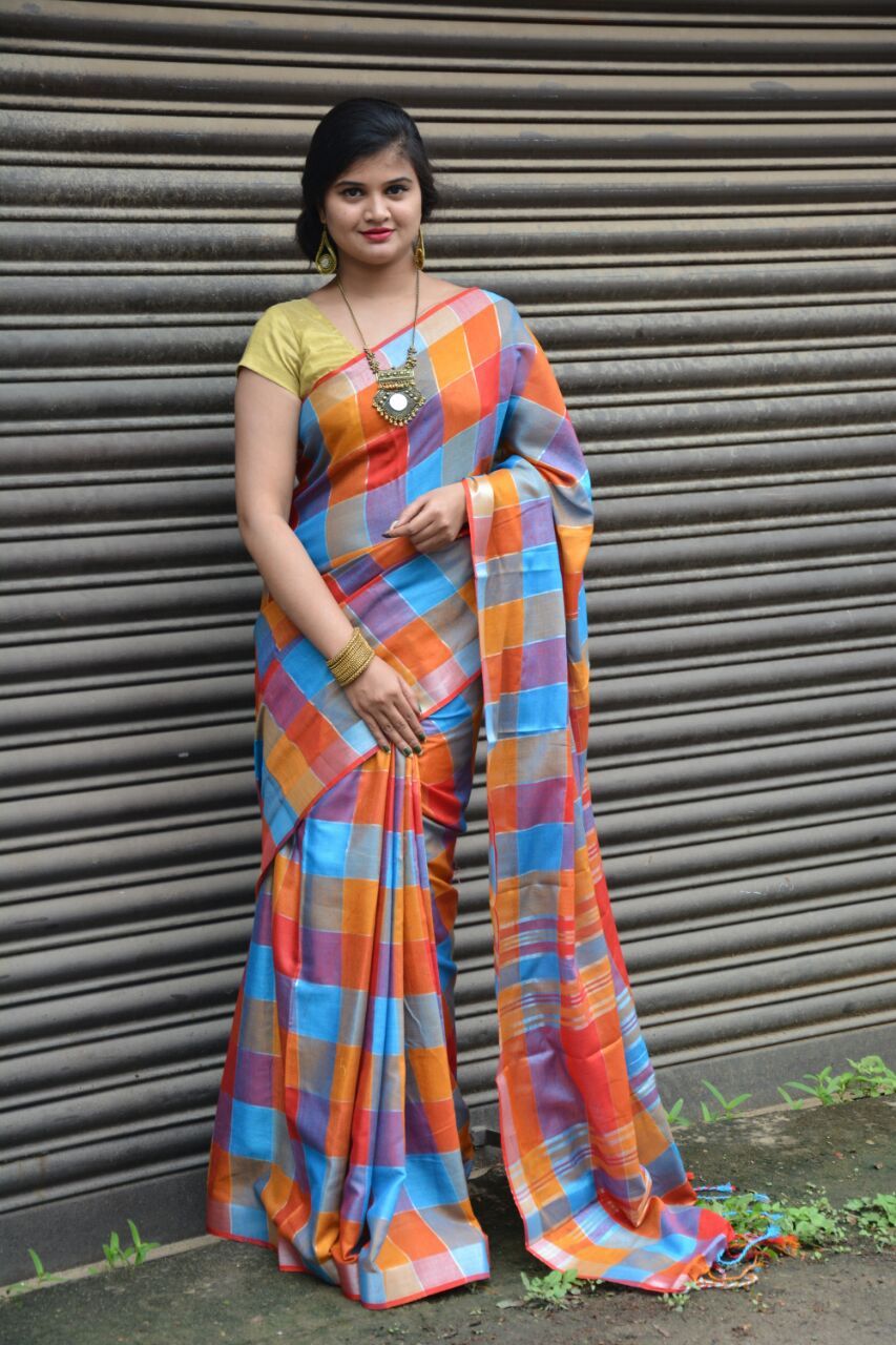 Linen Saree with Multi Colour Checks-LNSRE064 Blue and peach lightweight saree