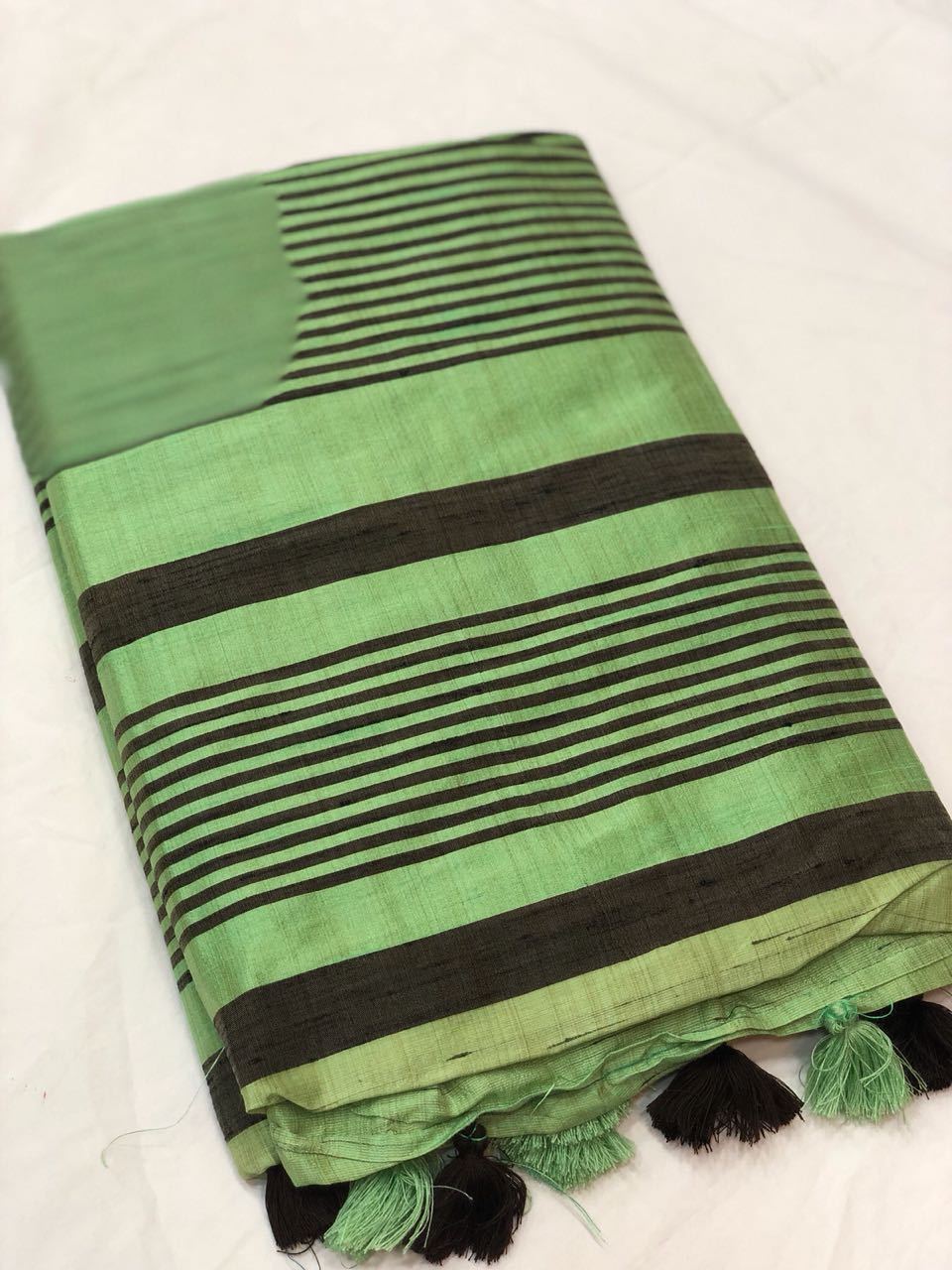 Forest Green and Black Stripped Linen Saree-LNSRE074 Light green and black coloured regular wear 