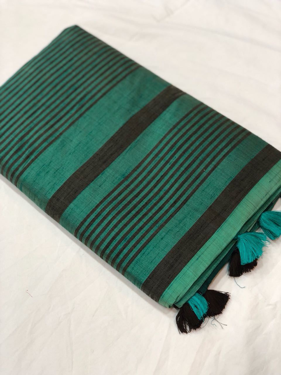 Jade Green Black Stripped Linen Saree-LNSRE076 Dark green coloured striped saree