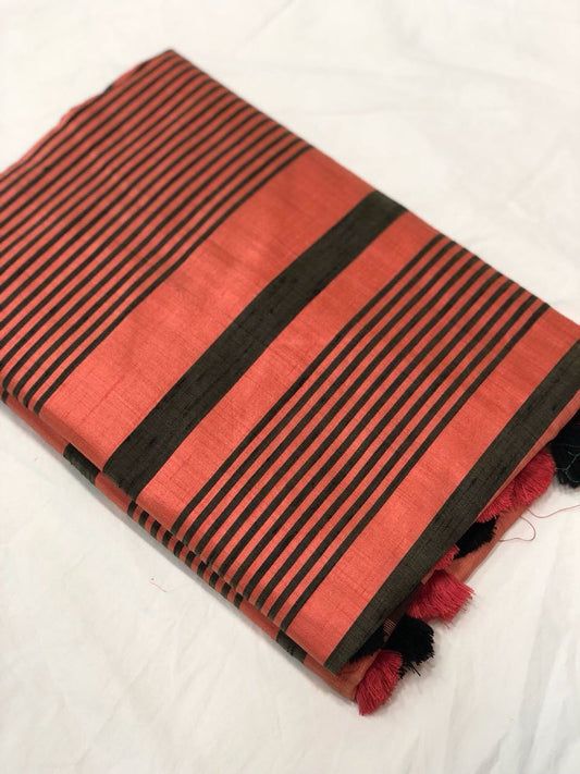 Dim Rose Black-Stripped Linen Saree-LNSRE077 Rose-pink coloured striped linen saree