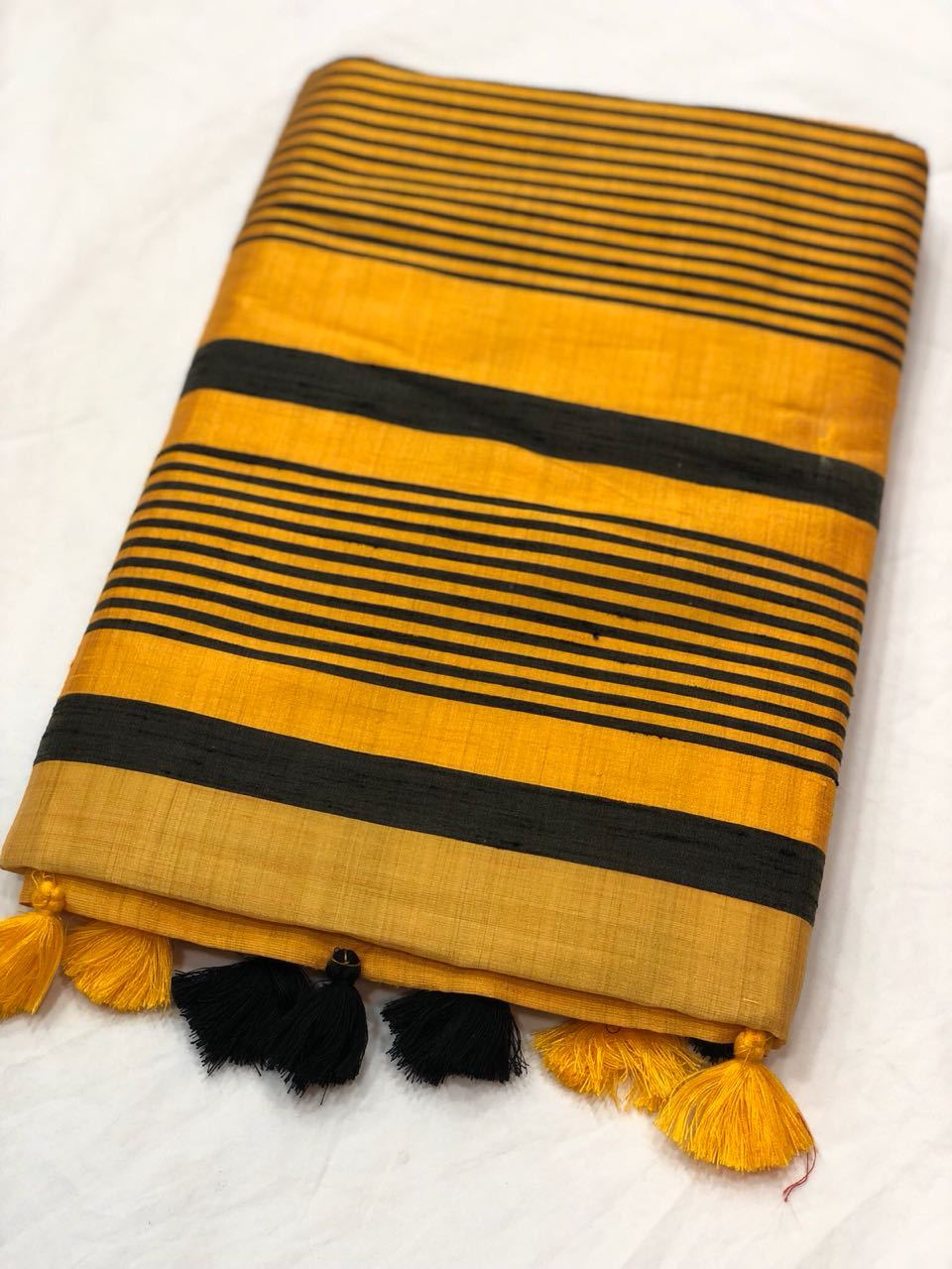 Golden Yellow and Black Stripped Linen Saree-LNSRE078 Yellow and black striped saree
