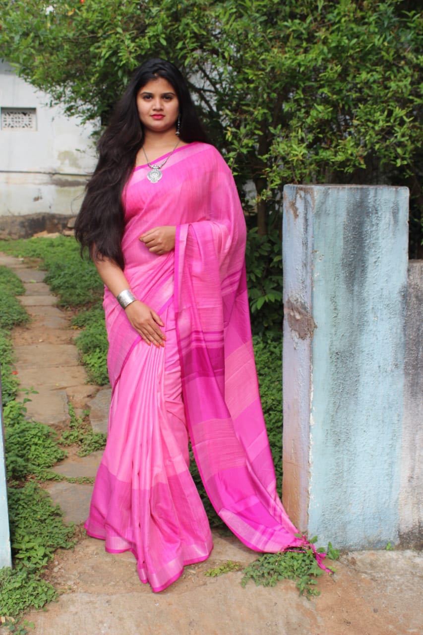 Blush Pink Linen Saree-LNSRE087 Pink coloured simple lightweight saree 