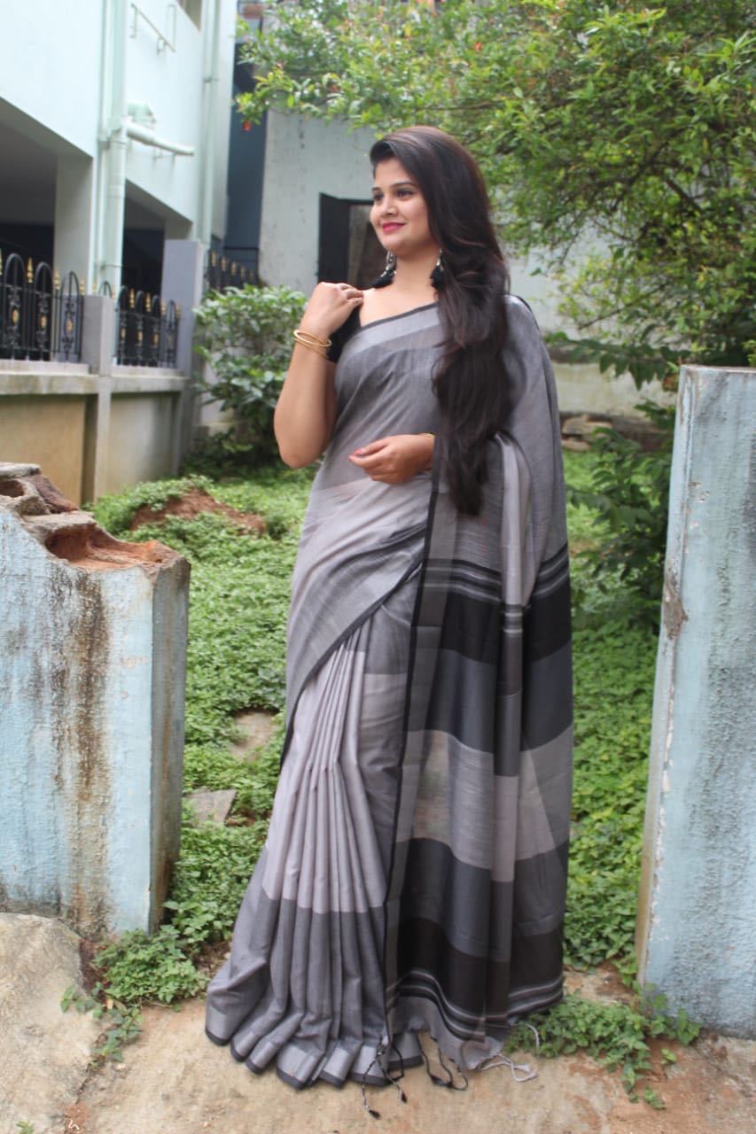 Grey-Black Classy Linen Saree-LNSRE093 Grey coloured attractive saree