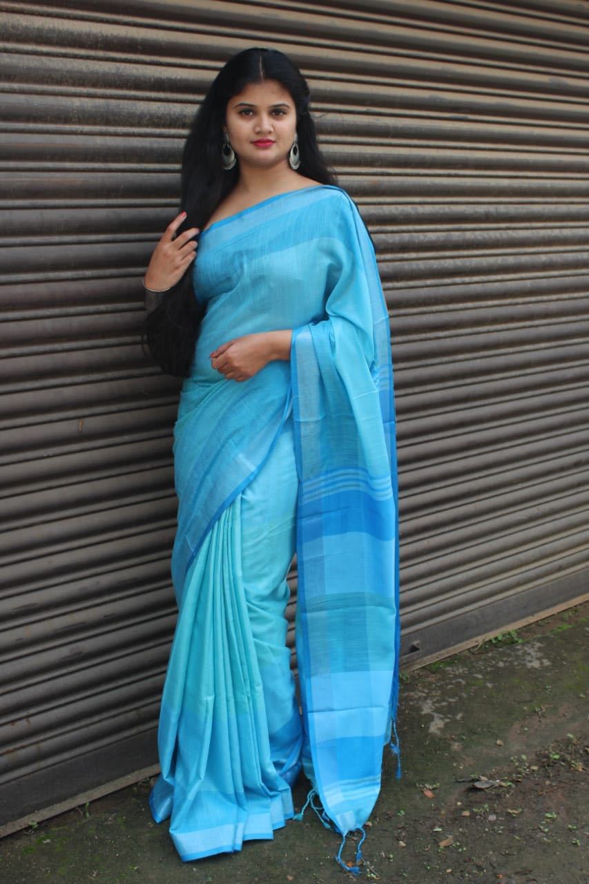 Sky Blue Linen Saree-LNSRE094 Light blue coloured saree with silver border