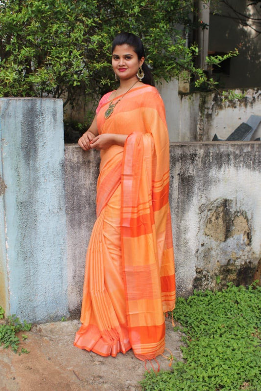 Peach Blossom Linen Saree-LNSRE096 Light orange coloured trendy saree