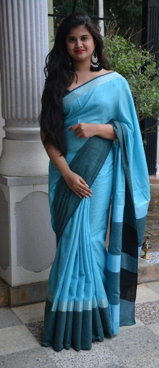 Cyan Magic with Black Linen Saree LNL001 Blue coloured saree for daily use