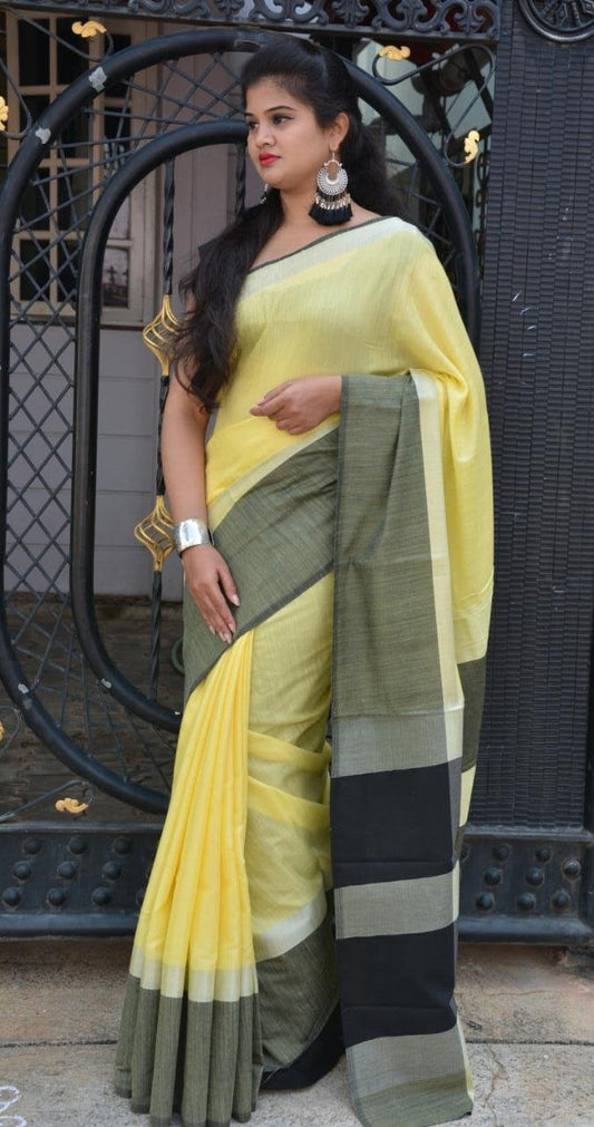 Daint Daffodil Linen Saree LNL002 Yellow and black coloured regularwear saree
