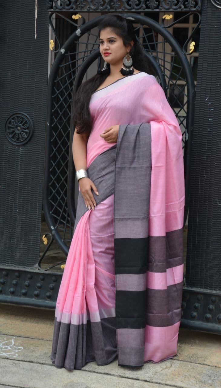 Pastel Pink with Black Linen Saree LNL003 Pink and black simple saree