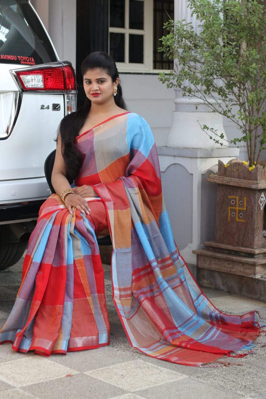 Ocean Currant Linen Saree with checks- LNL011 Blue and red coloured trendy saree