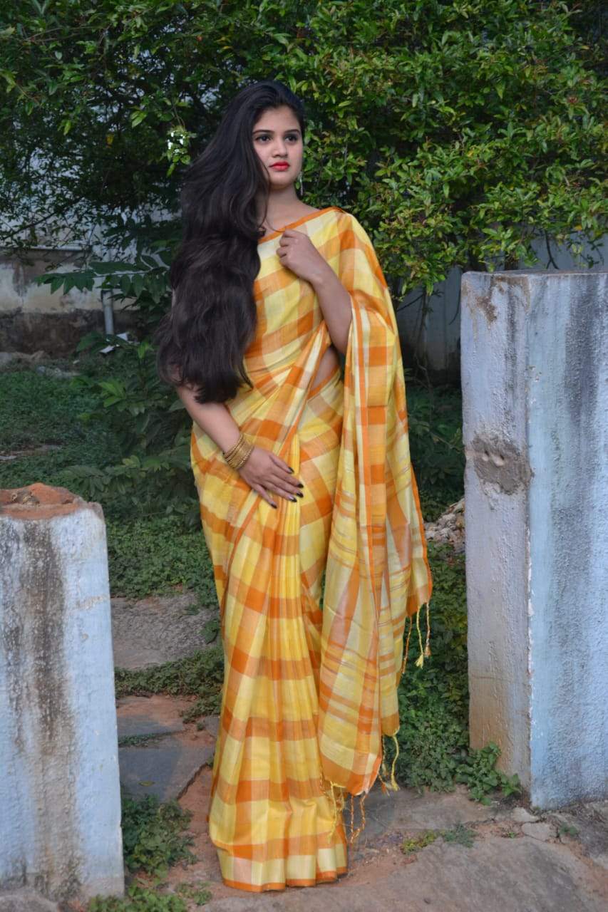 Pineapple Sweet Linen Saree with checks- LNL014 Yellow and ochre trendy saree