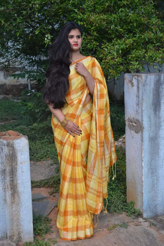 Pineapple Sweet Linen Saree with checks- LNL014 Yellow and ochre trendy saree