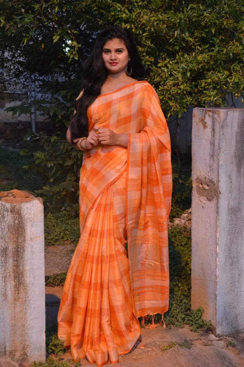 Ochre-Orange Linen Saree with checks- LNL016 Orange coloured bright saree 