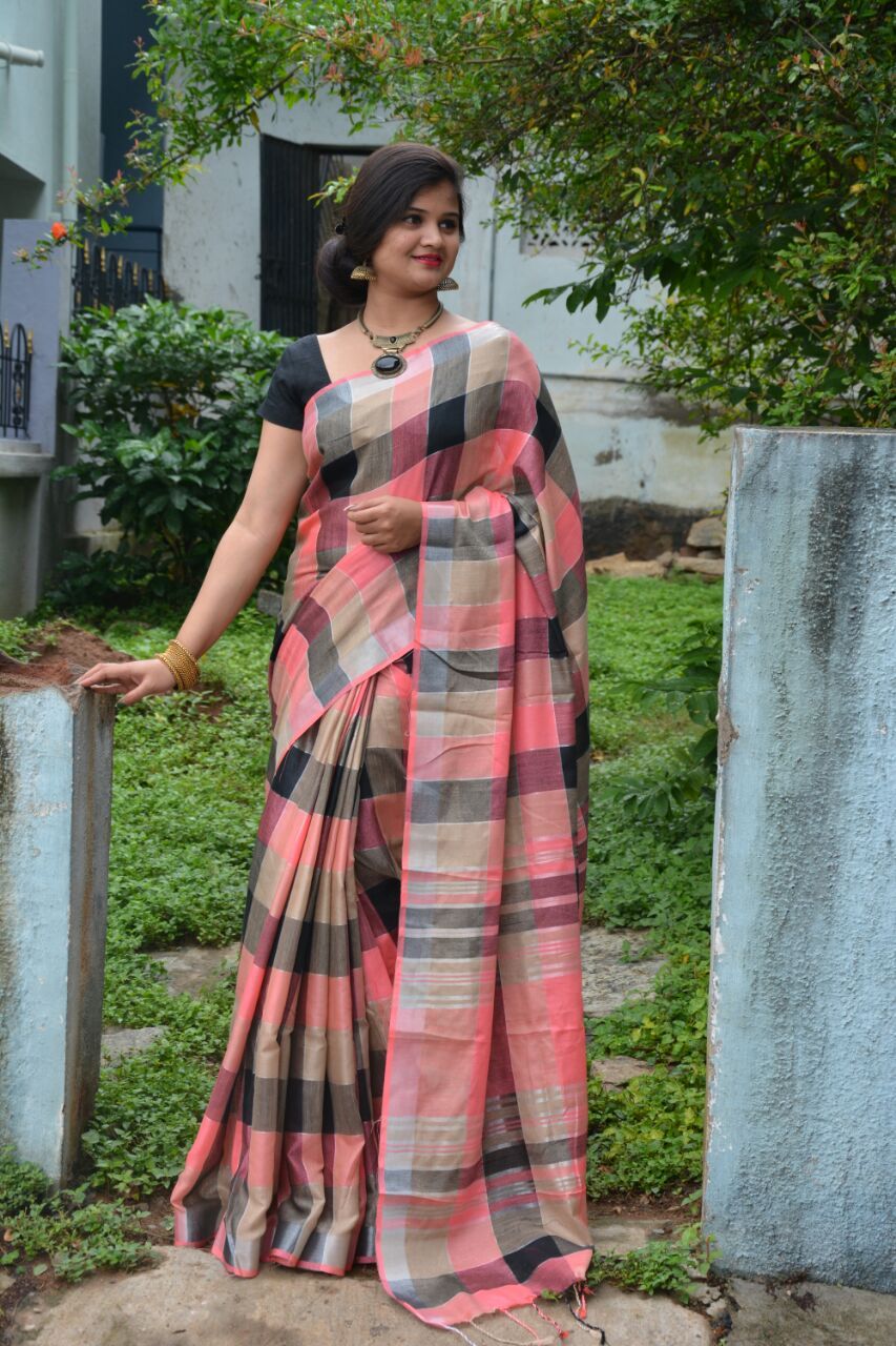 Rose Candy Linen Saree with checks- LNL018 Chequered saree for party use