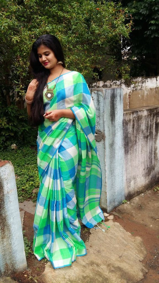 Green Fusion Linen Saree with checks- LNL020 Light green coloured partywear saree 