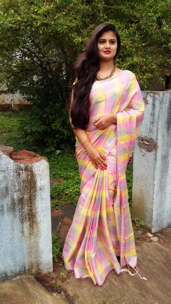 Melon Treat Linen Saree with checks- LNL021 Light coloured regularwear saree